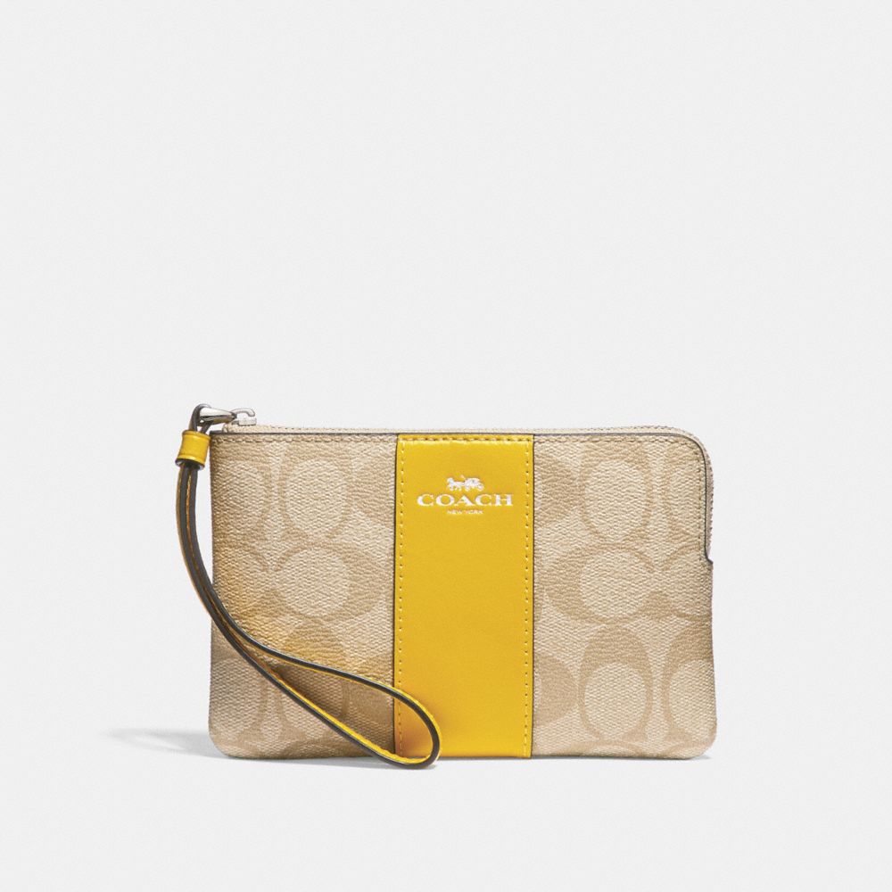 CORNER ZIP WRISTLET IN SIGNATURE CANVAS - f58035 - LIGHT KHAKI/CANARY/SILVER