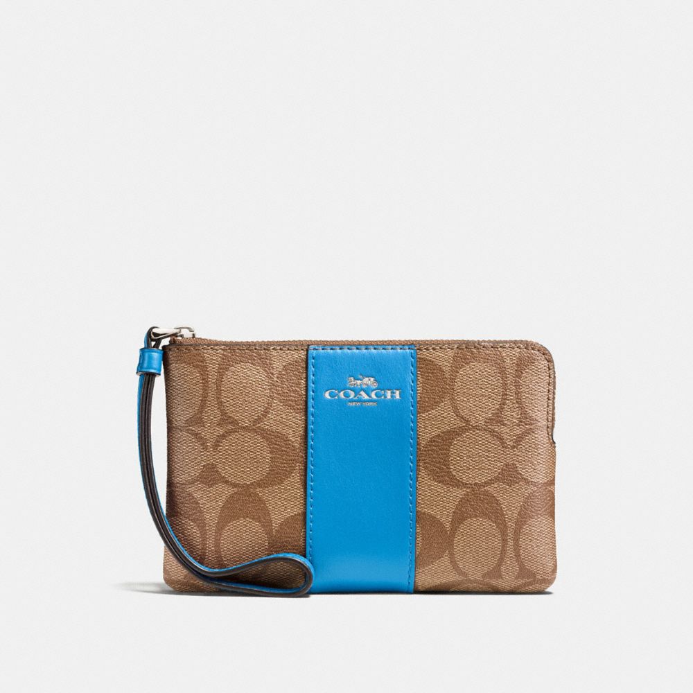 CORNER ZIP WRISTLET IN SIGNATURE CANVAS - f58035 - khaki/bright blue/silver