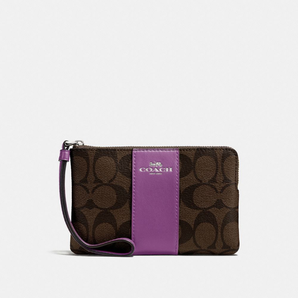 COACH CORNER ZIP WRISTLET IN SIGNATURE CANVAS - brown/Azalea/silver - f58035