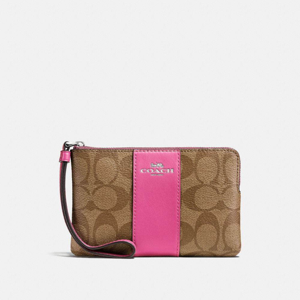 CORNER ZIP WRISTLET IN SIGNATURE CANVAS - F58035 - KHAKI/CERISE/SILVER