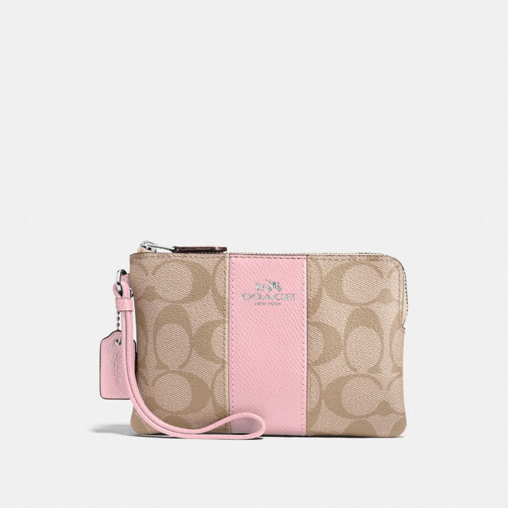 CORNER ZIP WRISTLET IN SIGNATURE CANVAS - LIGHT KHAKI/CARNATION/SILVER - COACH F58035