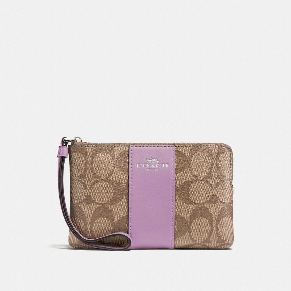 COACH F58035 Corner Zip Wristlet In Signature Canvas KHAKI/JASMINE/SILVER