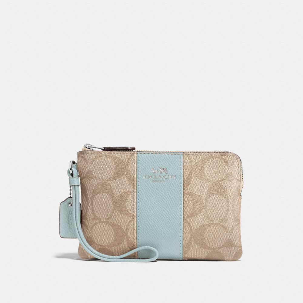 COACH F58035 - CORNER ZIP WRISTLET IN SIGNATURE CANVAS LIGHT KHAKI/SEAFOAM/SILVER