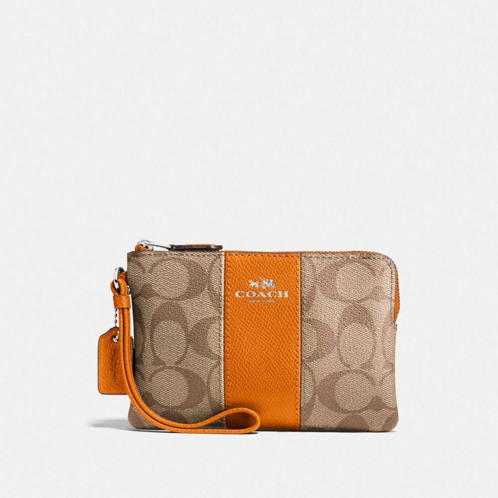 COACH F58035 - CORNER ZIP WRISTLET IN SIGNATURE CANVAS KHAKI/DARK ORANGE/SILVER