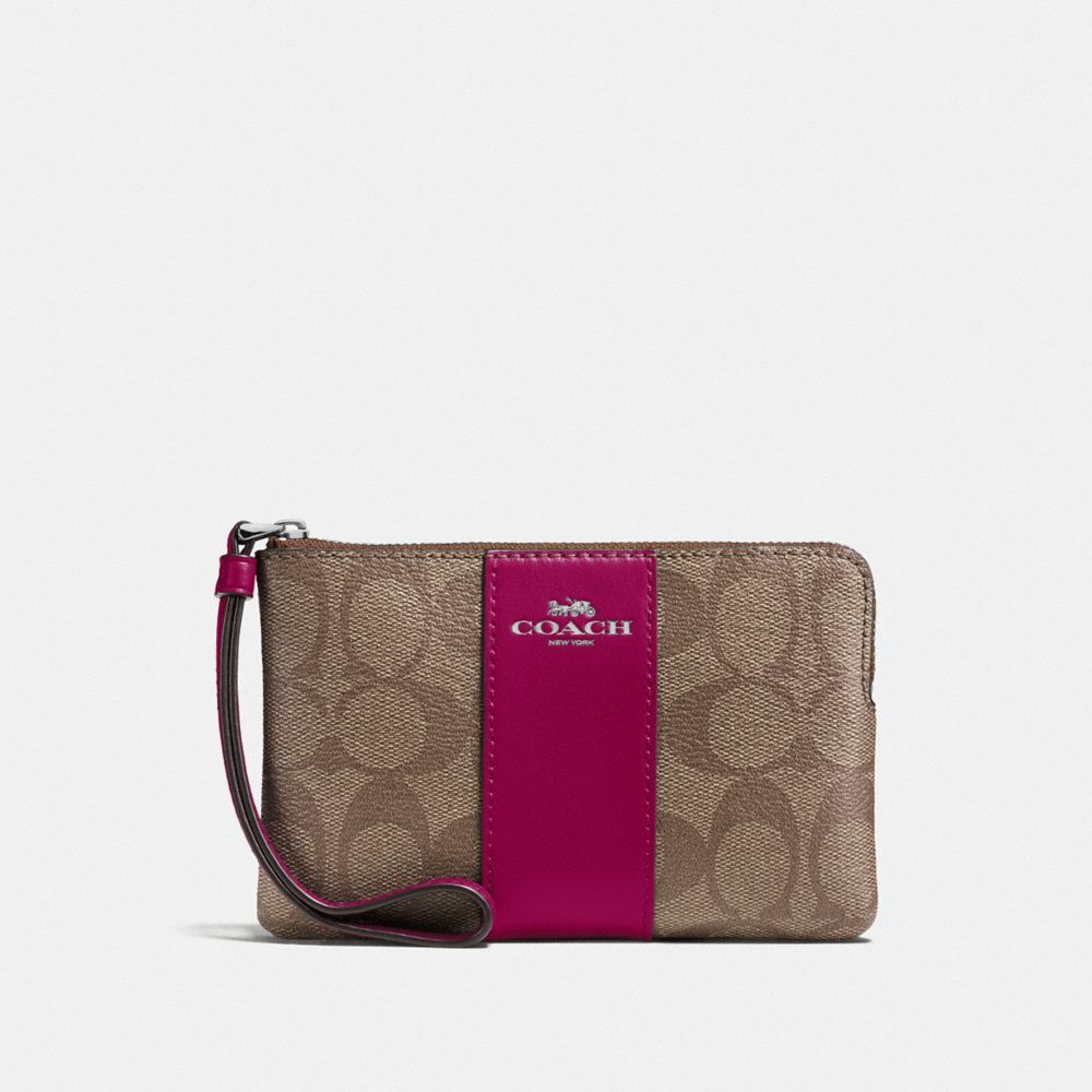 COACH F58035 Corner Zip Wristlet In Signature Canvas SV/KHAKI DARK FUCHSIA