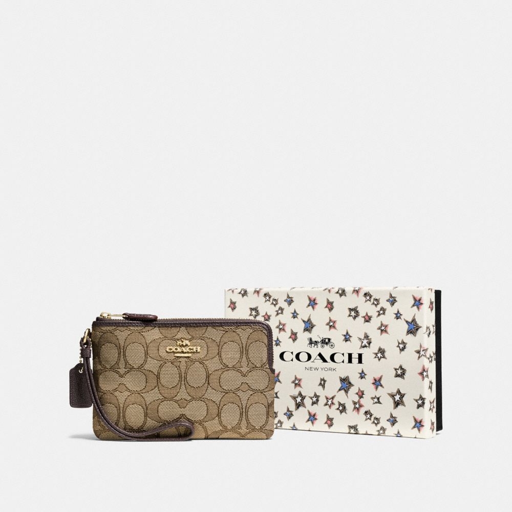 COACH F58041 Boxed Small Wristlet In Signature Jacquard LI/KHAKI/BROWN