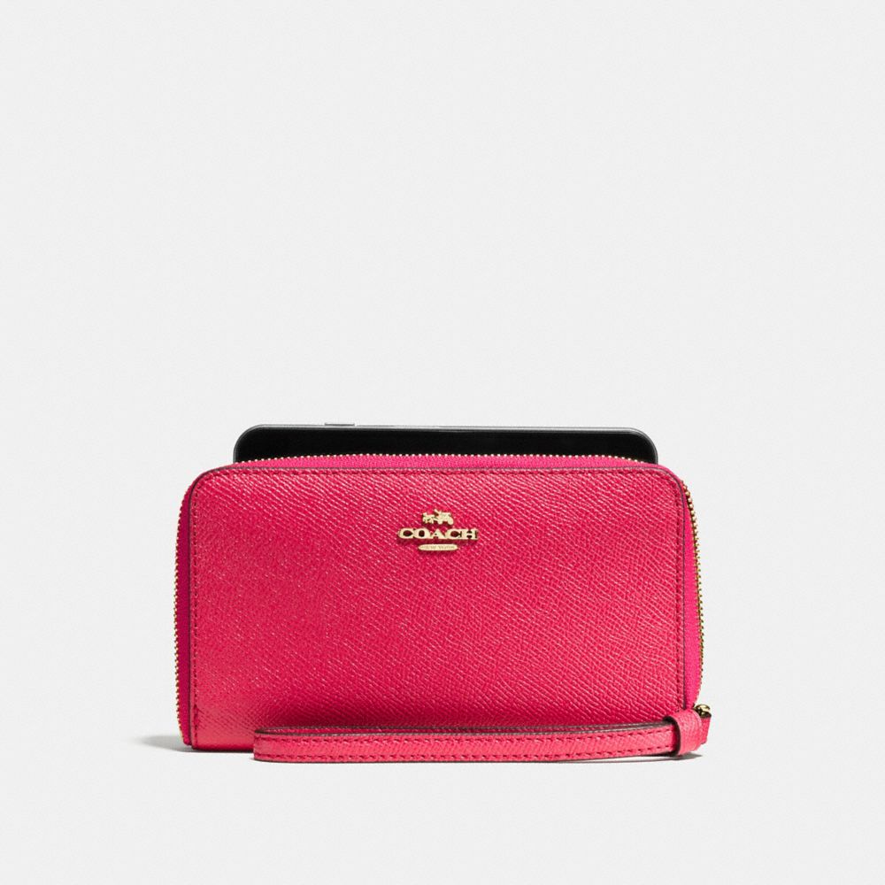 COACH f58053 PHONE WALLET IN CROSSGRAIN LEATHER IMITATION GOLD/BRIGHT PINK