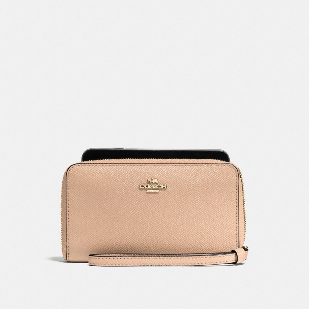 COACH f58053 PHONE WALLET IN CROSSGRAIN LEATHER IMITATION GOLD/BEECHWOOD