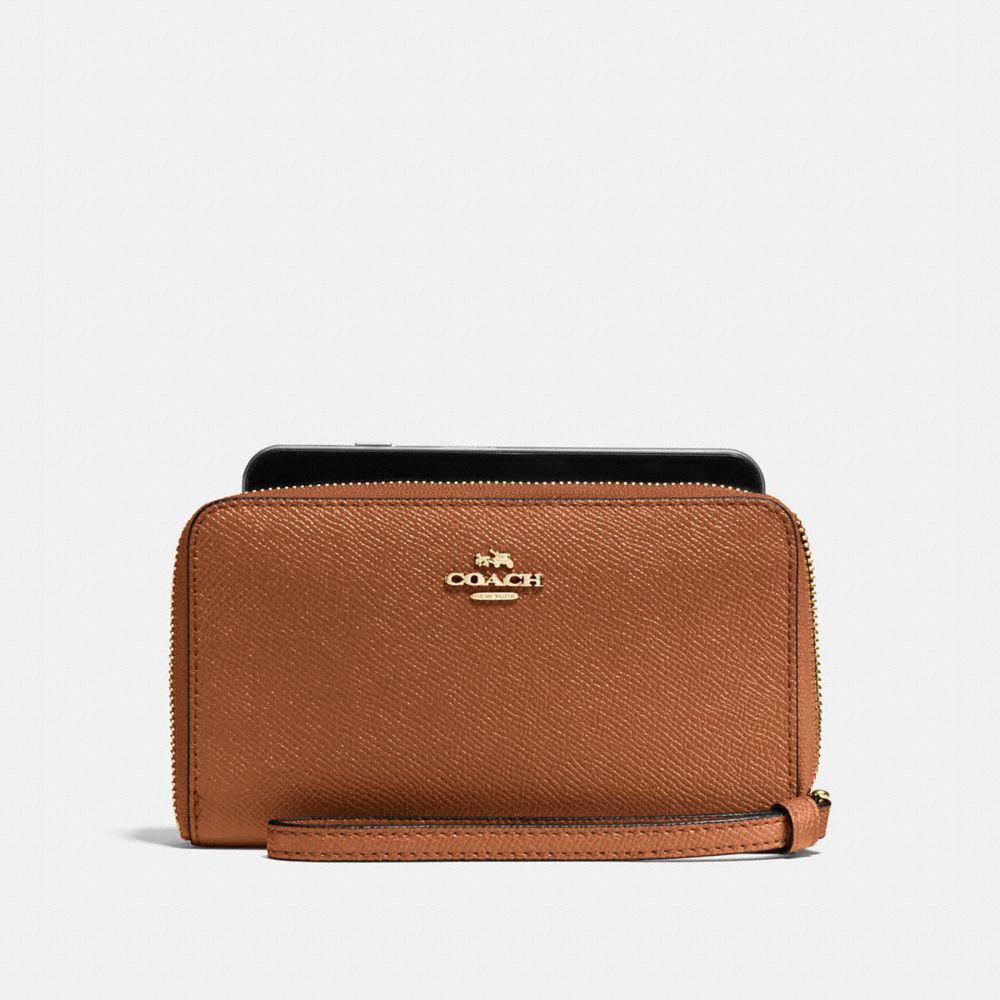 COACH f58053 PHONE WALLET IN CROSSGRAIN LEATHER IMITATION GOLD/SADDLE