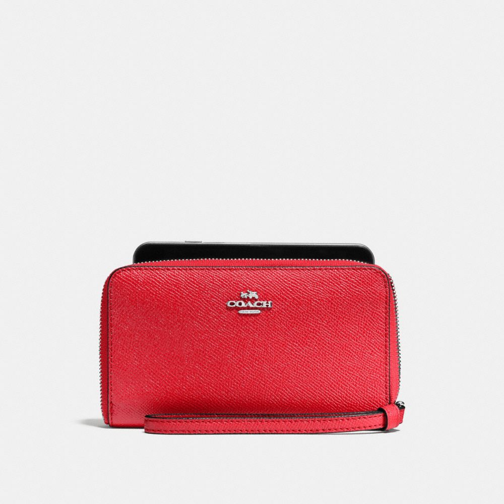 COACH F58053 Phone Wallet In Crossgrain Leather SILVER/BRIGHT RED