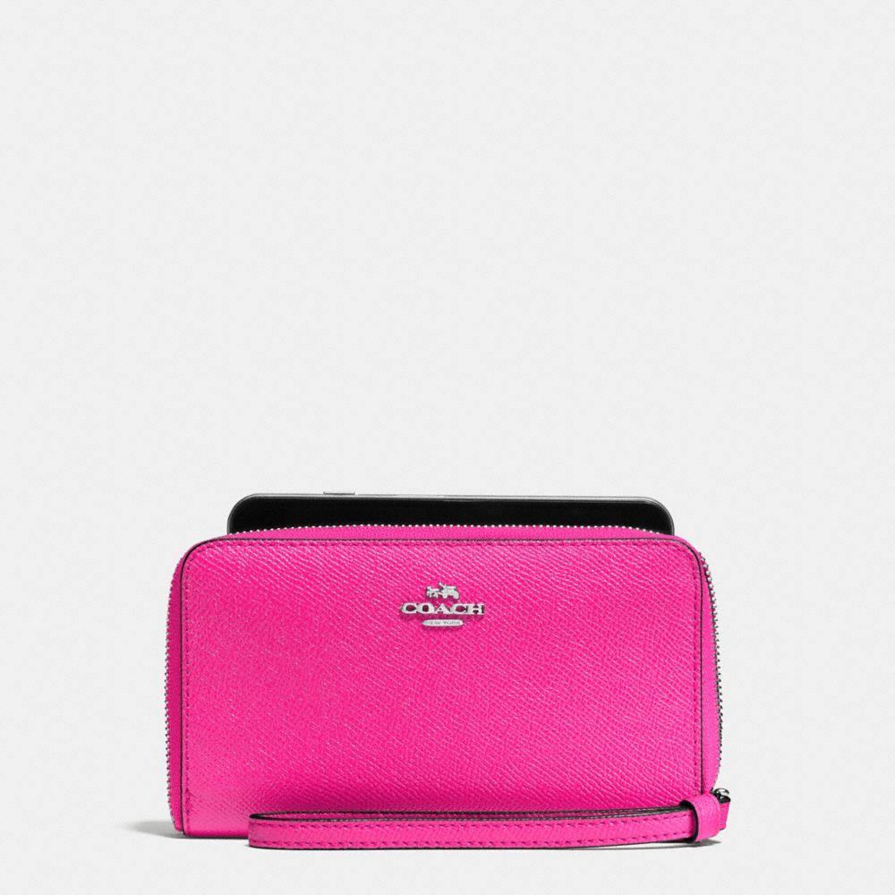 COACH F58053 Phone Wallet In Crossgrain Leather SILVER/BRIGHT FUCHSIA