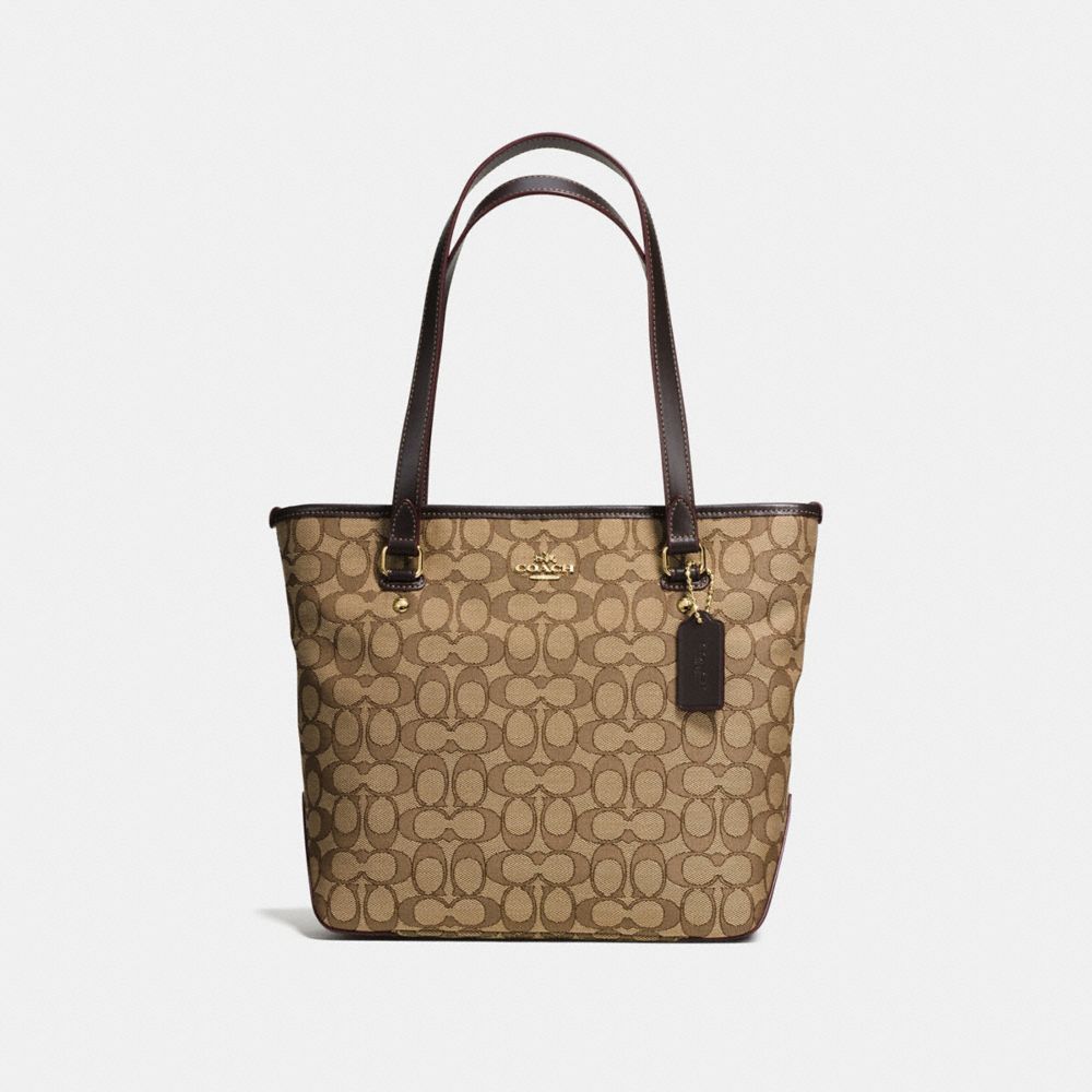 COACH F58282 ZIP TOP TOTE IN OUTLINE SIGNATURE IMITATION-GOLD/KHAKI/BROWN