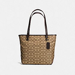 COACH F58282 Zip Top Tote In Outline Signature IMITATION GOLD/KHAKI/BROWN