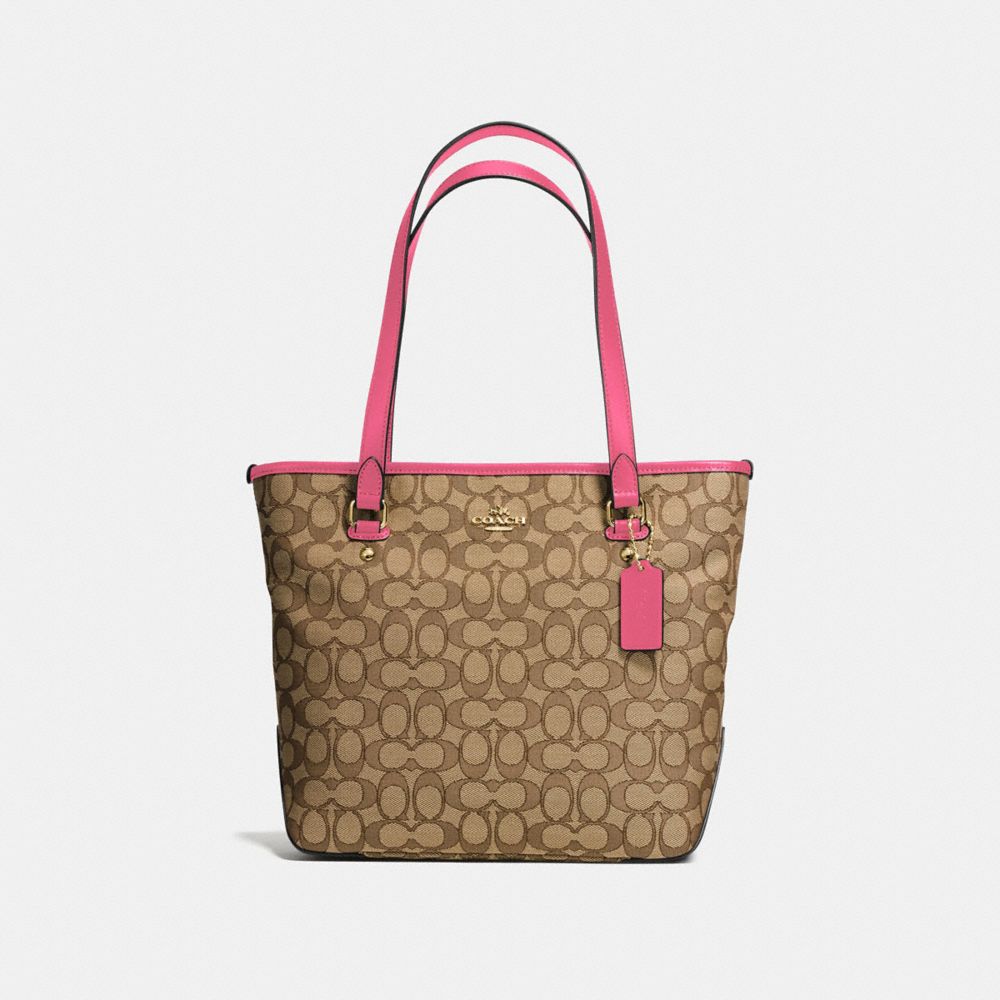 COACH F58282 Zip Top Tote In Outline Signature IMITATION GOLD/KHAKI STRAWBERRY