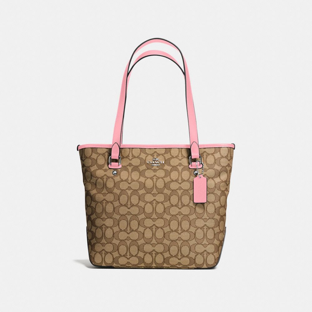 ZIP TOP TOTE IN OUTLINE SIGNATURE - SILVER/KHAKI/BLUSH - COACH F58282