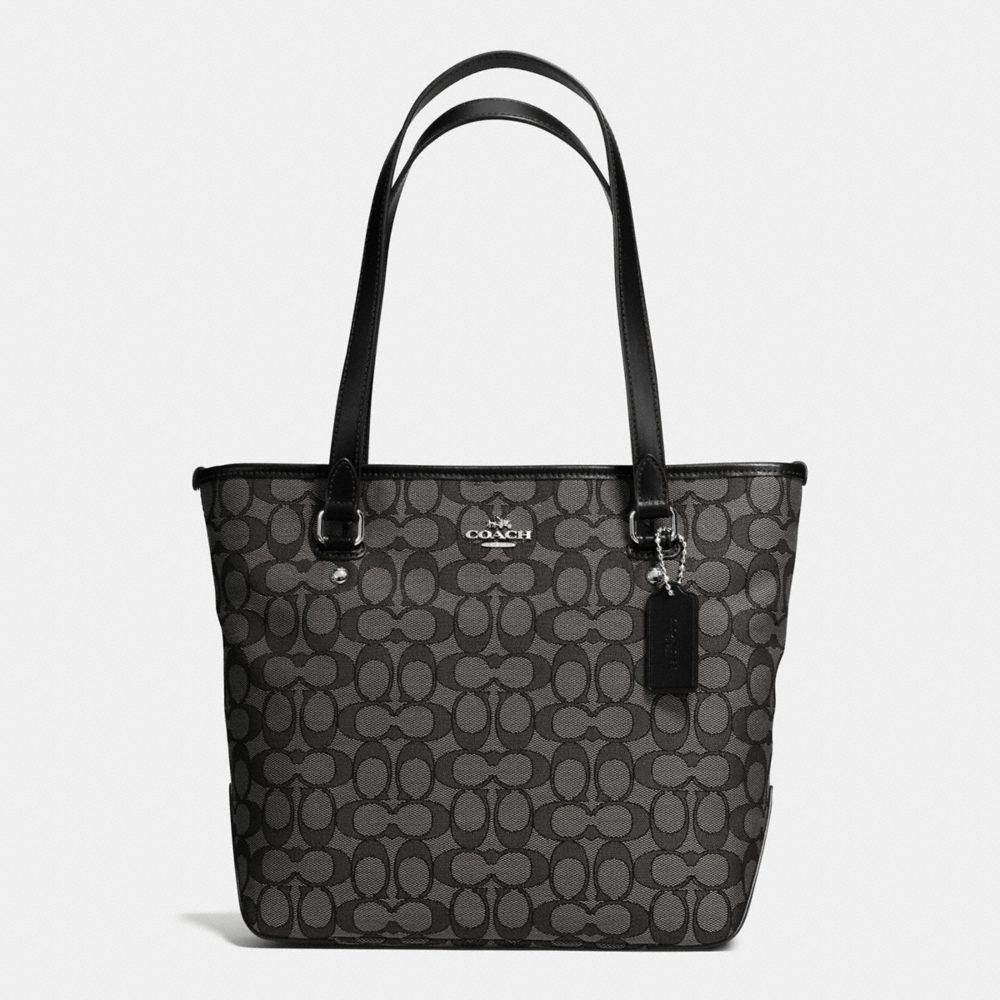 COACH F58282 ZIP TOP TOTE IN OUTLINE SIGNATURE SILVER/BLACK-SMOKE/BLACK