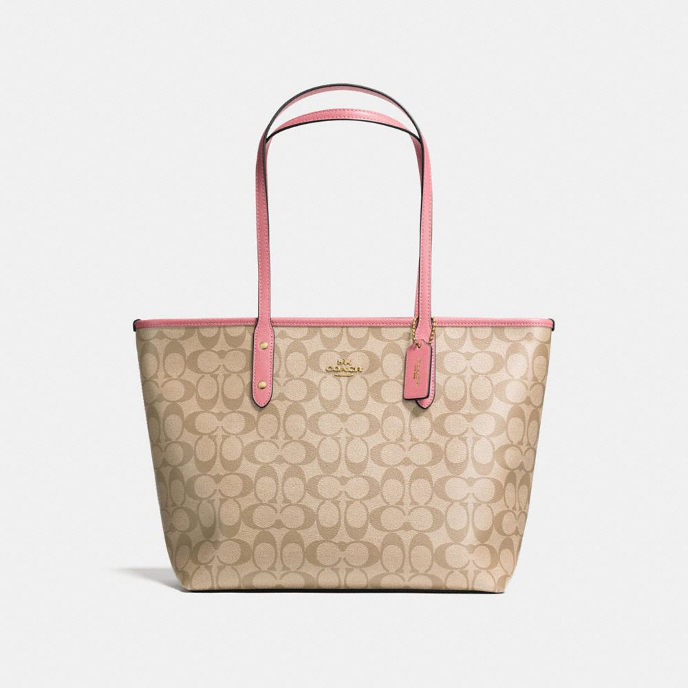 COACH F58292 CITY ZIP TOTE IN SIGNATURE CANVAS LIGHT-KHAKI/PEONY/LIGHT-GOLD