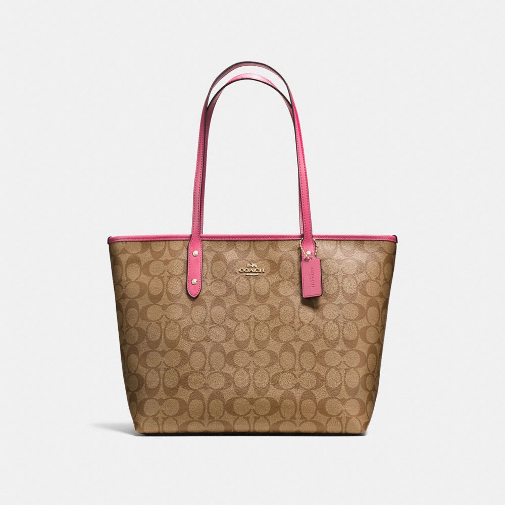 COACH F58292 City Zip Tote In Signature Canvas KHAKI/PINK RUBY/GOLD