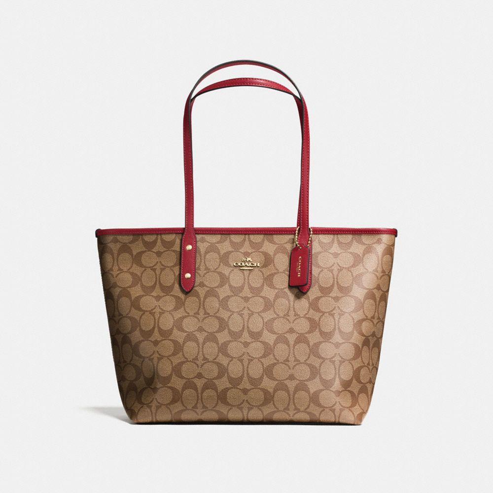 COACH F58292 - CITY ZIP TOTE IN SIGNATURE CANVAS KHAKI/CHERRY/LIGHT GOLD