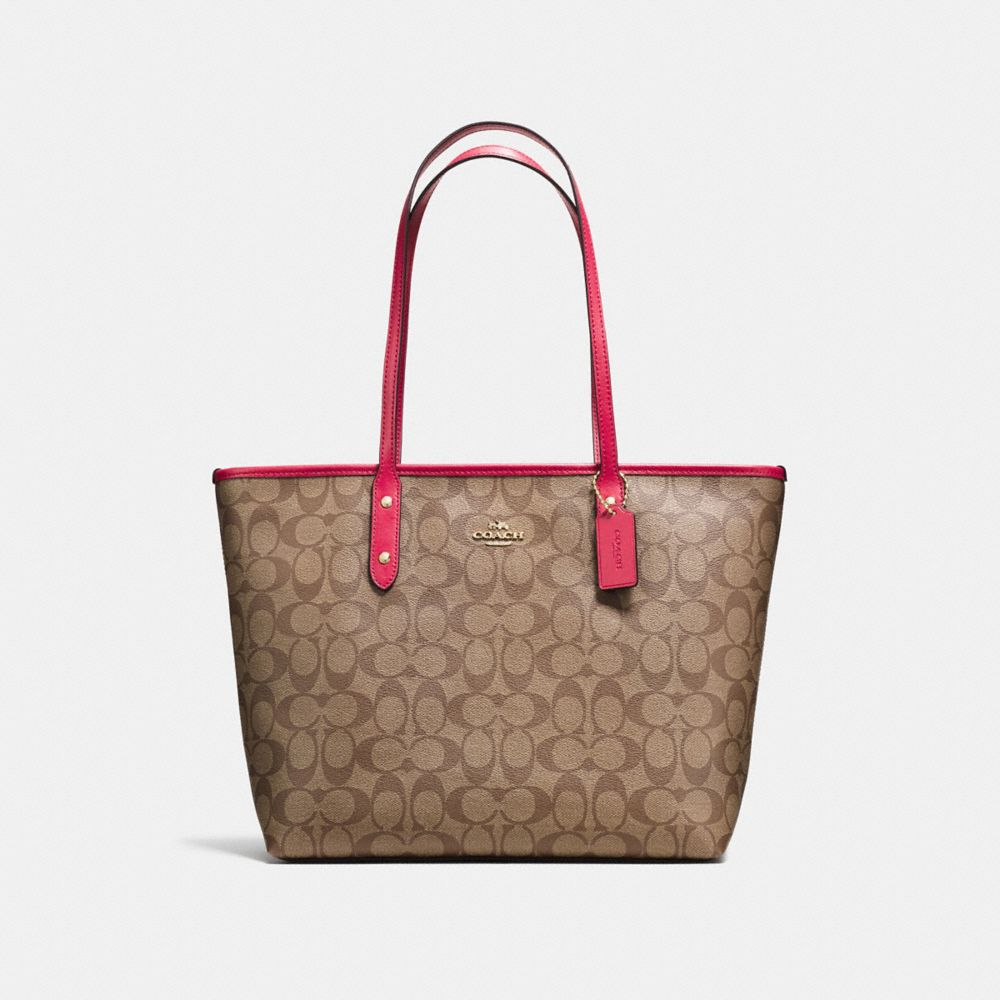 COACH f58292 CITY ZIP TOTE IN SIGNATURE COATED CANVAS IMITATION GOLD/KHAKI/BRIGHT PINK