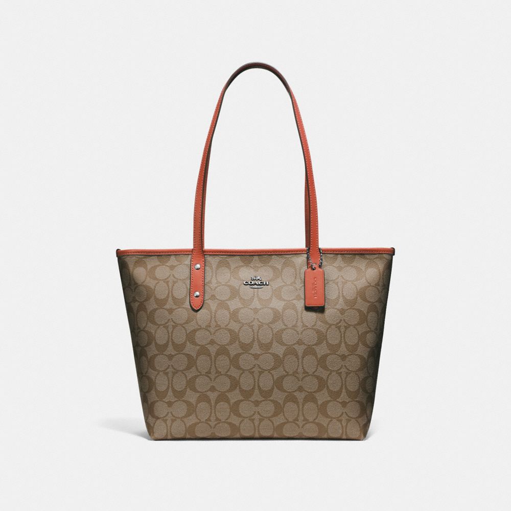 COACH CITY ZIP TOTE - KHAKI/ORANGE RED/SILVER - F58292