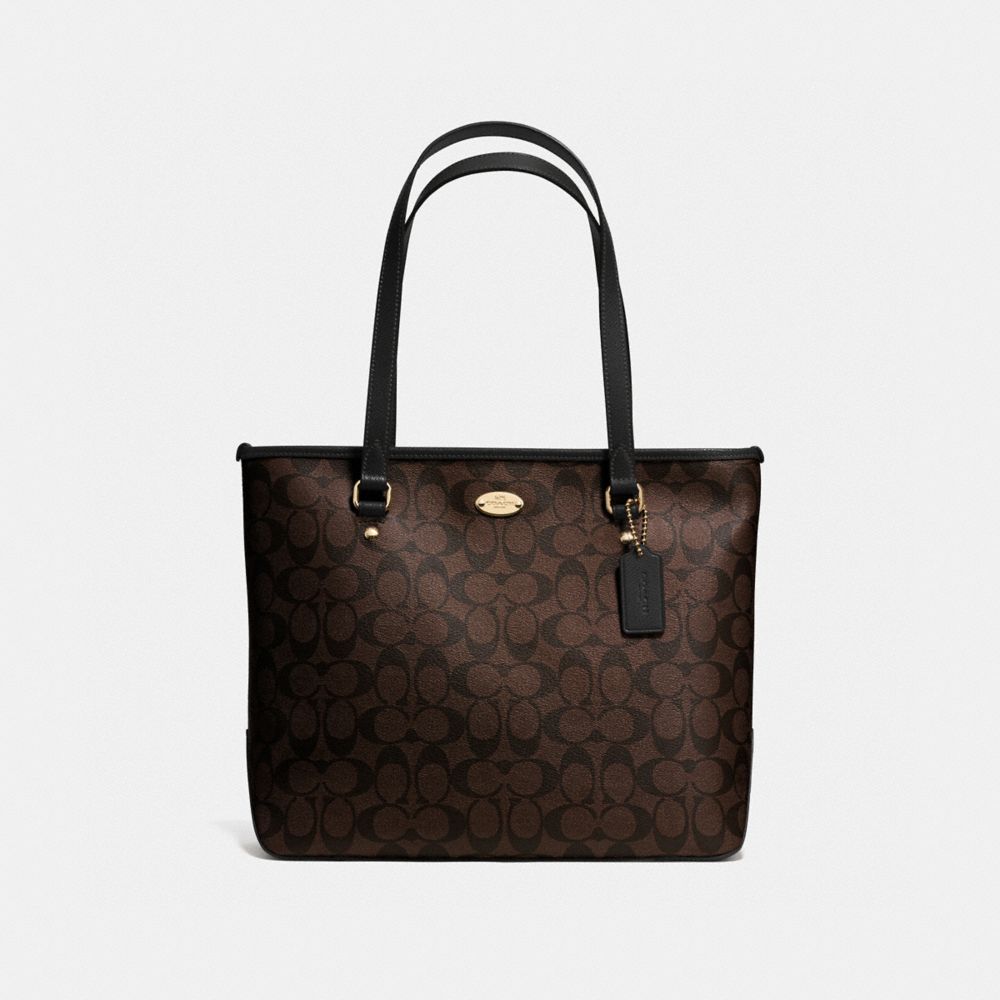 ZIP TOP TOTE IN SIGNATURE - f58294 - IMITATION GOLD/BROWN/BLACK