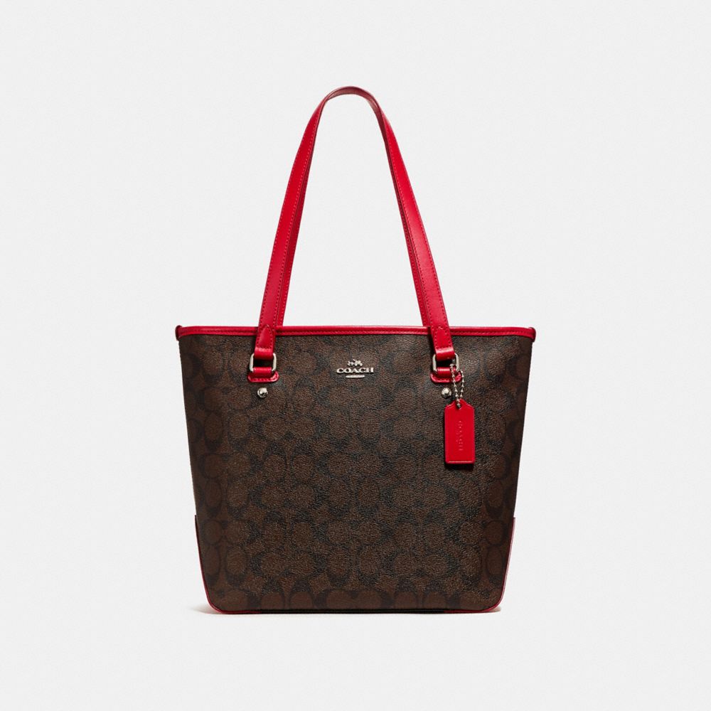 ZIP TOP TOTE - f58294 - SILVER/BROWN TRUE RED