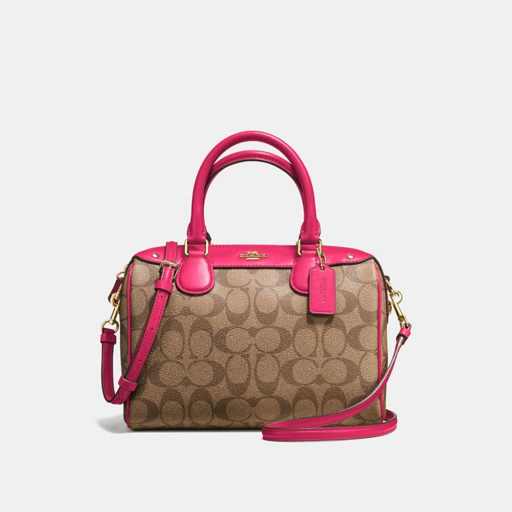 MINI BENNETT SATCHEL IN SIGNATURE COATED CANVAS - f58312 - IMITATION GOLD/KHAKI/BRIGHT PINK