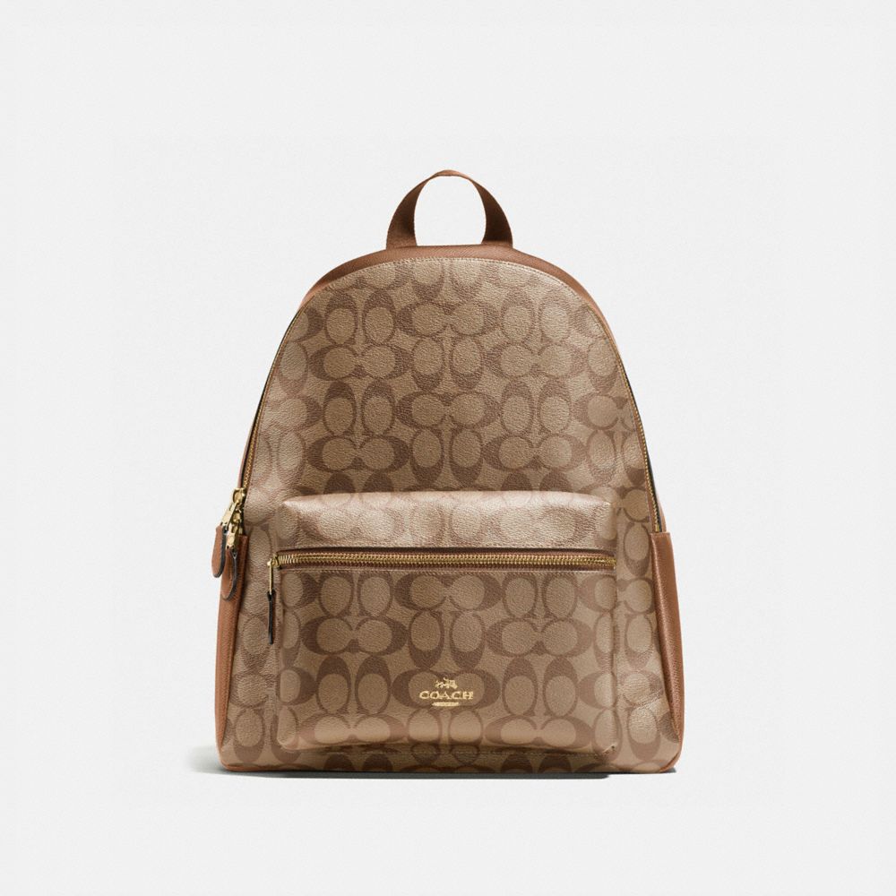 CHARLIE BACKPACK IN SIGNATURE CANVAS - COACH f58314 -  KHAKI/SADDLE 2/light gold