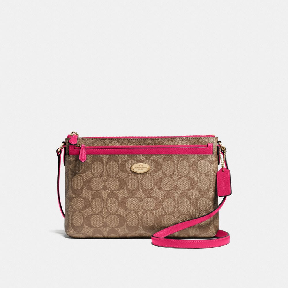 EAST/WEST CROSSBODY WITH POP-UP POUCH IN SIGNATURE - f58316 - IMITATION GOLD/KHAKI BRIGHT PINK