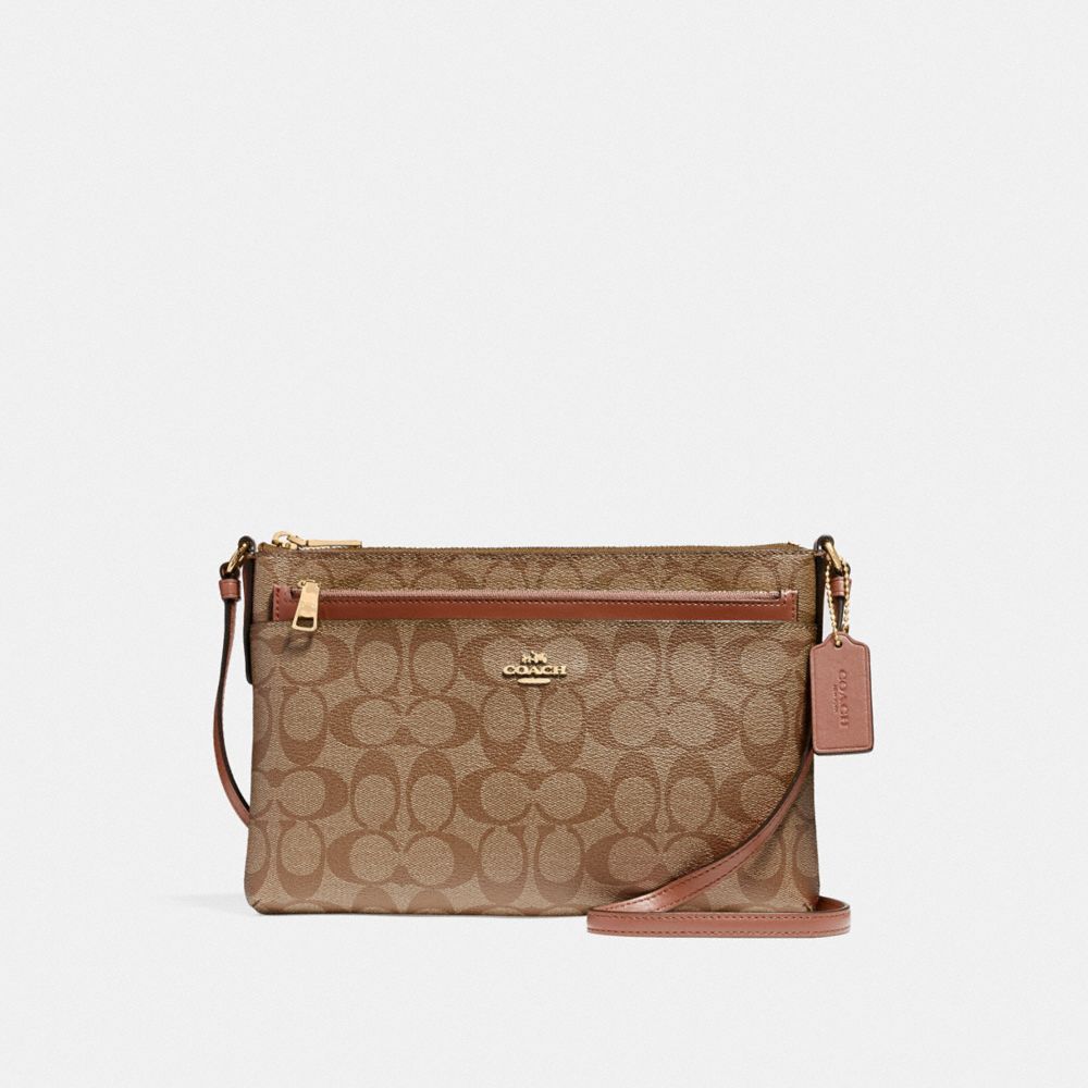 COACH F58316 EAST/WEST CROSSBODY WITH POP-UP POUCH IN SIGNATURE COATED CANVAS LIGHT-GOLD/KHAKI