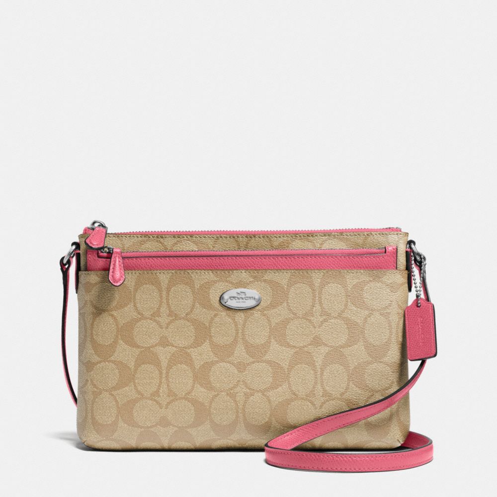 EAST/WEST CROSSBODY WITH POP UP POUCH IN SIGNATURE - SILVER/LIGHT KHAKI/STRAWBERRY - COACH F58316