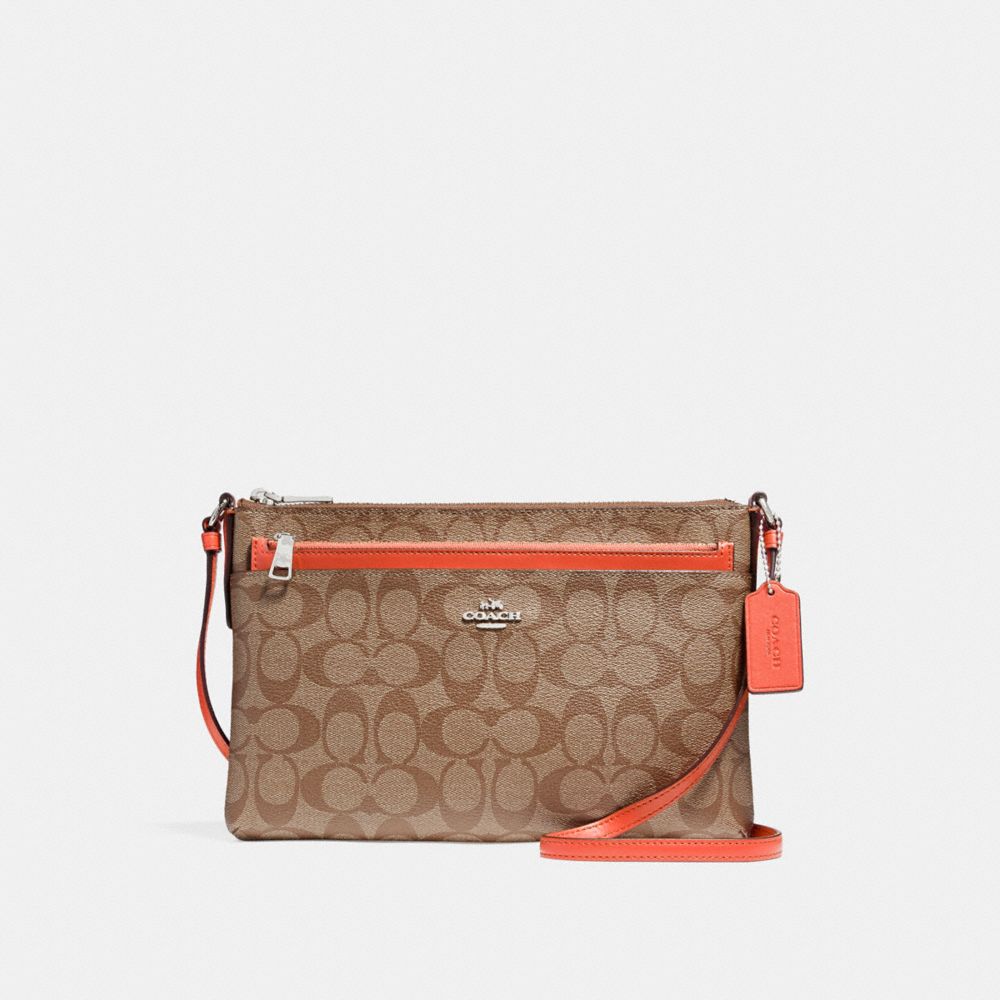 COACH EAST/WEST CROSSBODY WITH POP-UP POUCH - KHAKI/ORANGE RED/SILVER - f58316