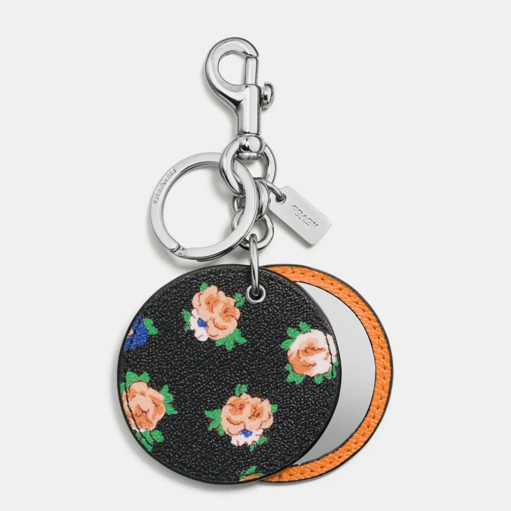 FLORAL DISC MIRROR BAG CHARM - f58500 - SILVER/BLACK LEAF