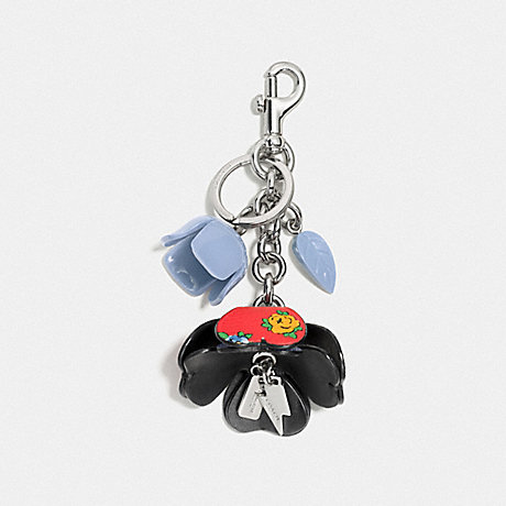 COACH FLORAL RESIN AND COATED CANVAS TEA ROSE BAG CHARM - SILVER/CORNFLOWER - f58517
