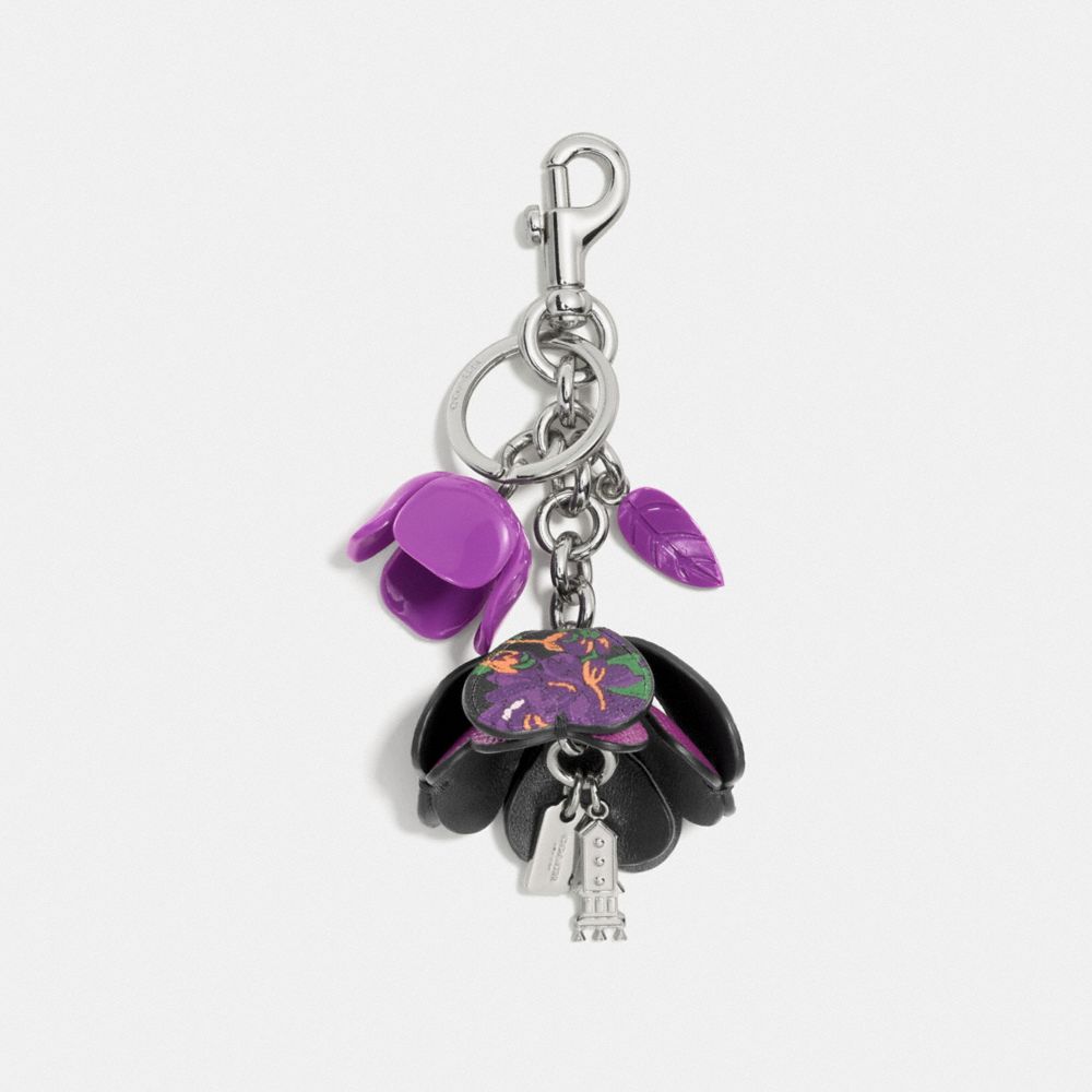 FLORAL RESIN AND COATED CANVAS TEA ROSE BAG CHARM - f58517 - SILVER/HYACINTH