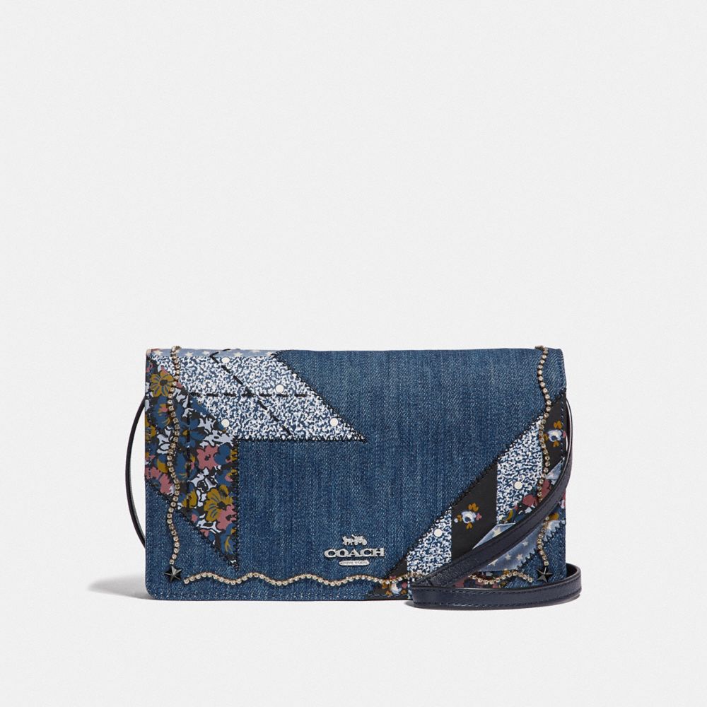 HAYDEN FOLDOVER CROSSBODY CLUTCH WITH STAR PATCHWORK - F58552 - DENIM MULTI/SILVER