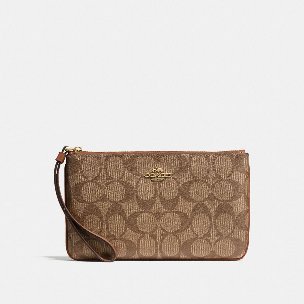 COACH F58695 Large Wristlet In Signature IMITATION GOLD/KHAKI/SADDLE