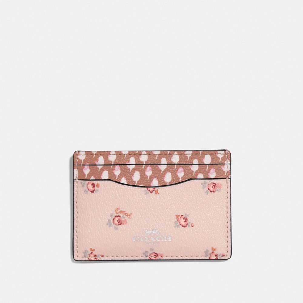 COACH F58717 CARD CASE WITH DITSY FLORAL PRINT LIGHT-PINK-MULTI/SILVER