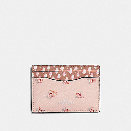COACH F58717 CARD CASE WITH DITSY FLORAL PRINT LIGHT-PINK-MULTI/SILVER