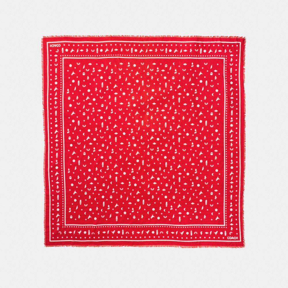 COACH MONOGRAM ICONS OVERSIZED SQUARE BANDANA - DEEP CORAL - F58837