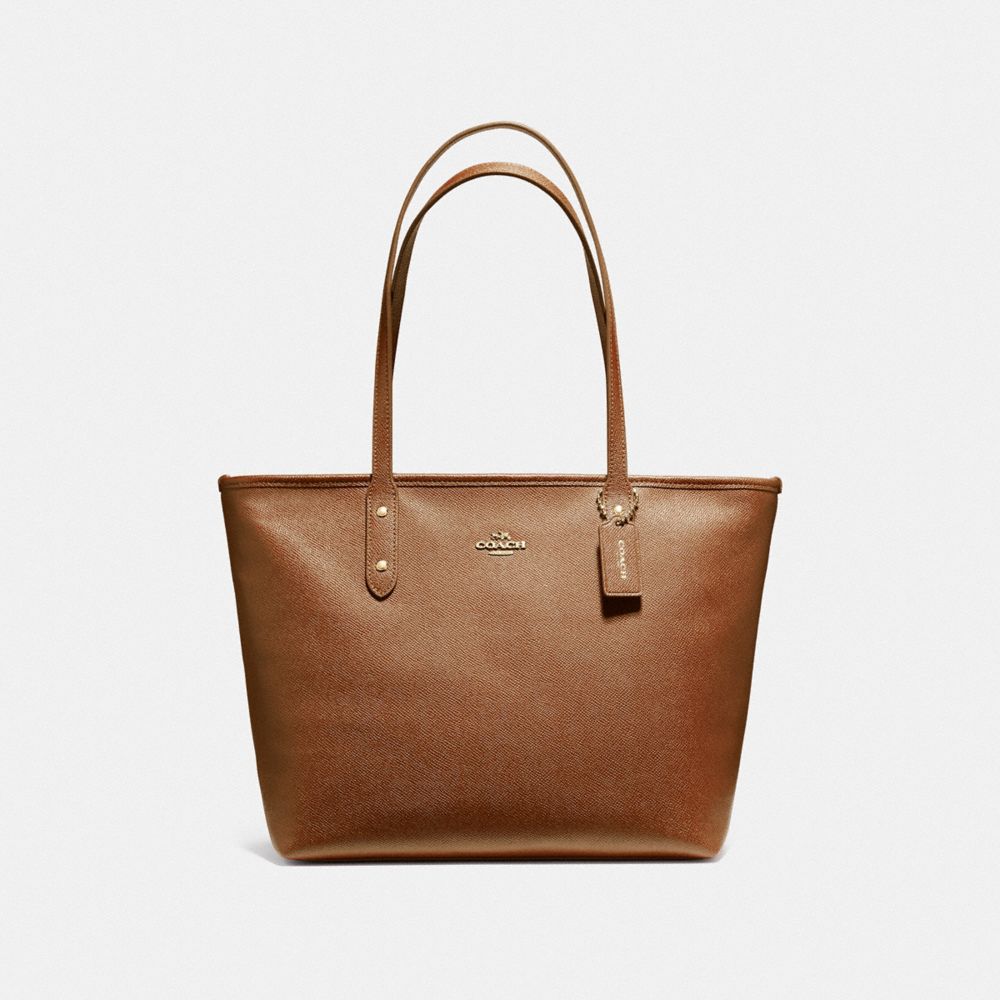 COACH CITY ZIP TOTE IN CROSSGRAIN LEATHER AND COATED CANVAS - LIGHT GOLD/SADDLE 2 - F58846
