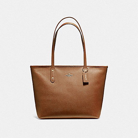 COACH CITY ZIP TOTE IN CROSSGRAIN LEATHER AND COATED CANVAS - LIGHT GOLD/SADDLE 2 - f58846
