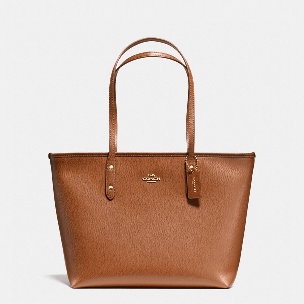 COACH F58846 CITY ZIP TOTE IN CROSSGRAIN LEATHER LIGHT-GOLD/SADDLE