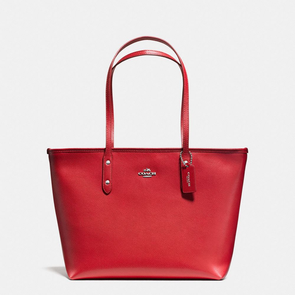 CITY ZIP TOTE IN CROSSGRAIN LEATHER AND COATED CANVAS - f58846 - SILVER/TRUE RED