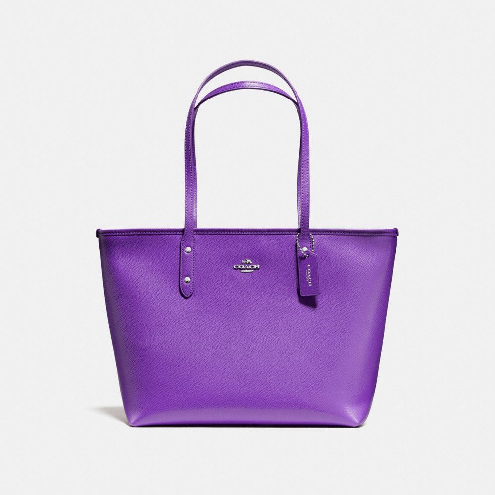 COACH F58846 City Zip Tote In Crossgrain Leather And Coated Canvas SILVER/PURPLE