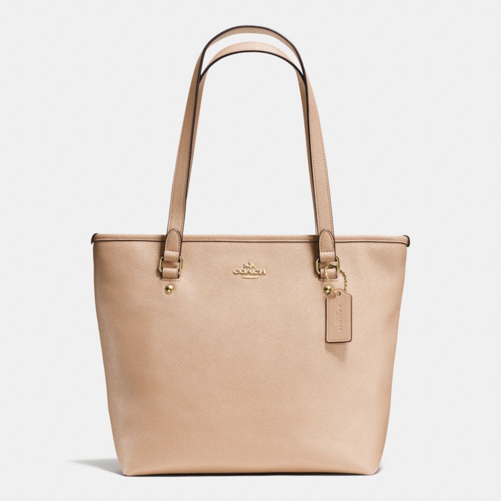 ZIP TOP TOTE IN CROSSGRAIN LEATHER - f58894 - IMITATION GOLD/BEECHWOOD