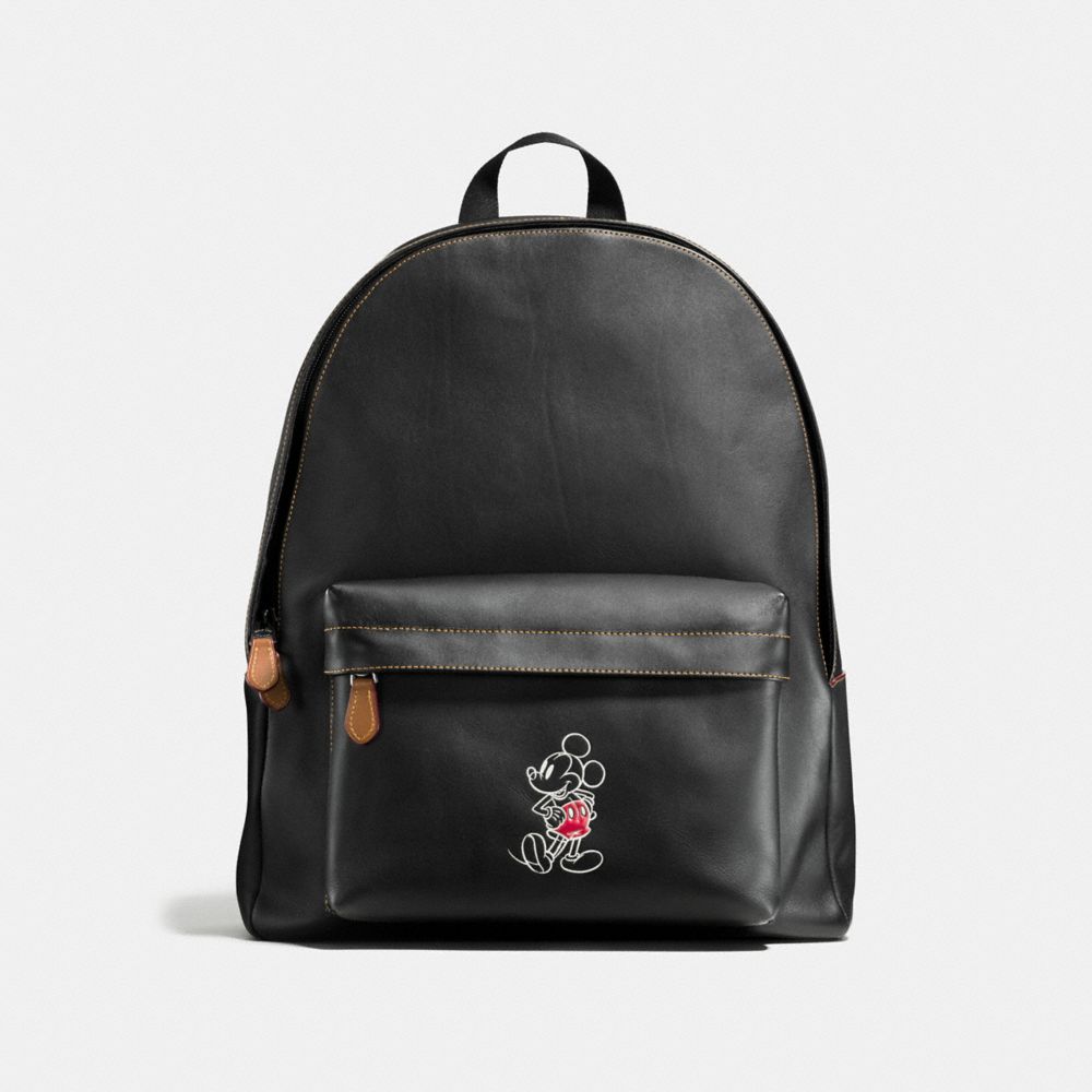 COACH F59018 Charles Backpack In Glove Calf Leather With Mickey BLACK/DARK SADDLE