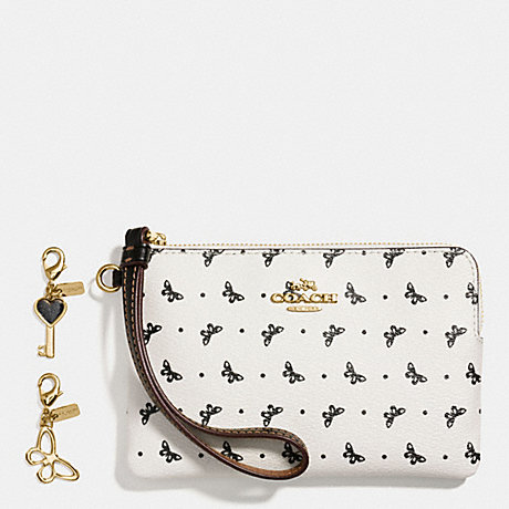 COACH f59068 BOXED CORNER ZIP WRISTLET IN BUTTERFLY DOT PRINT COATED CANVAS WITH CHARMS IMITATION GOLD/CHALK/BLACK