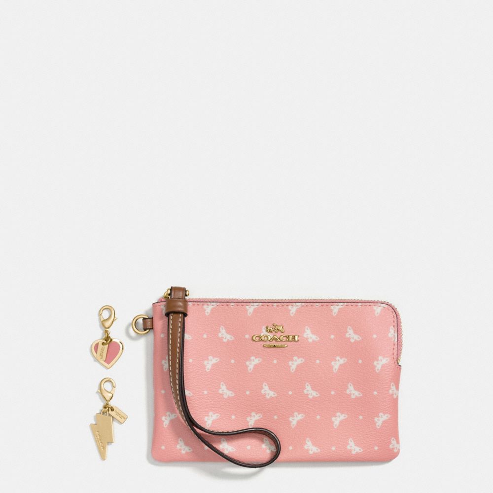 BOXED CORNER ZIP WRISTLET IN BUTTERFLY DOT PRINT COATED CANVAS WITH CHARMS - f59068 - IMITATION GOLD/BLUSH CHALK